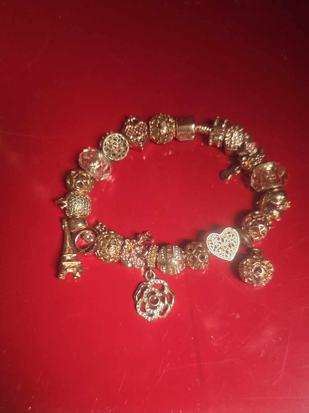 Rose Gold Euro Charm Bracelet  Eiffel Tower Sweet Heart Camellia Charms - 7inch